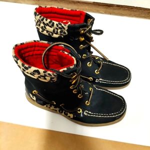 Sperry Top Spider Leapord Print Boots, Sperry Black/Red Shoes, Size 6M